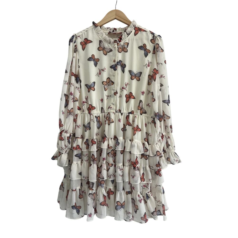 JessaKae Cream Butterfly Print Ruffle Midi Dress